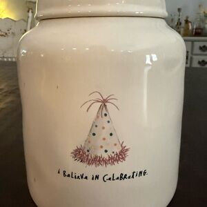 Rae Dunn “I believe in celebrating” cookie jar
